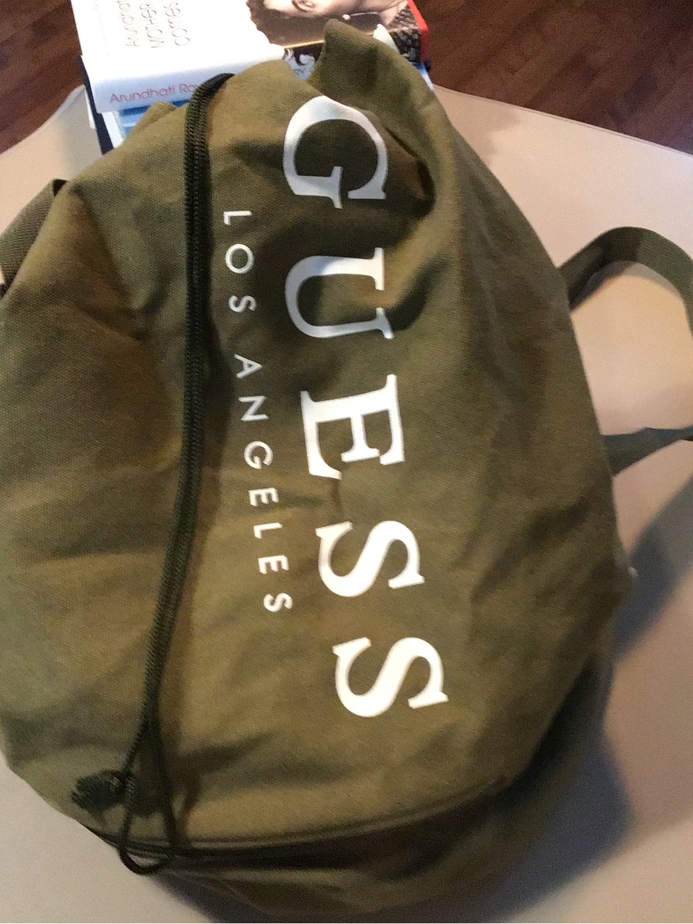 Guess Olive Green Canvas Drawstring Backpack with White Logo